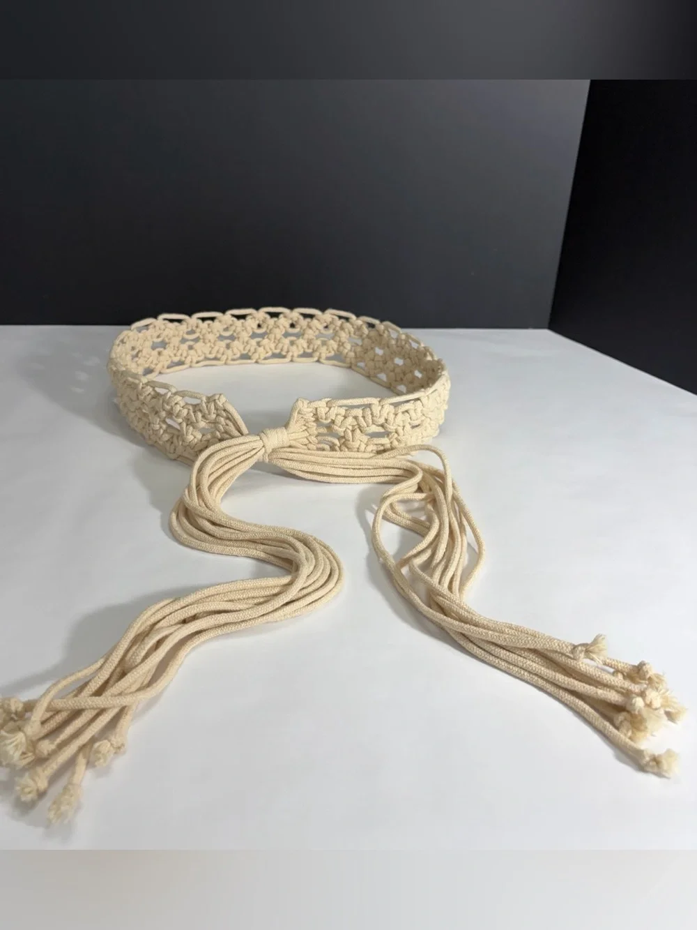Vintage Macrame Tie Belt Cream Off White Cotton Woven Tassel Fringe Boho 70s